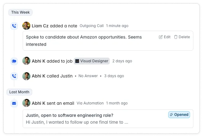 Longlist activity timeline with notes, calls, and emails in a shared candidate record
