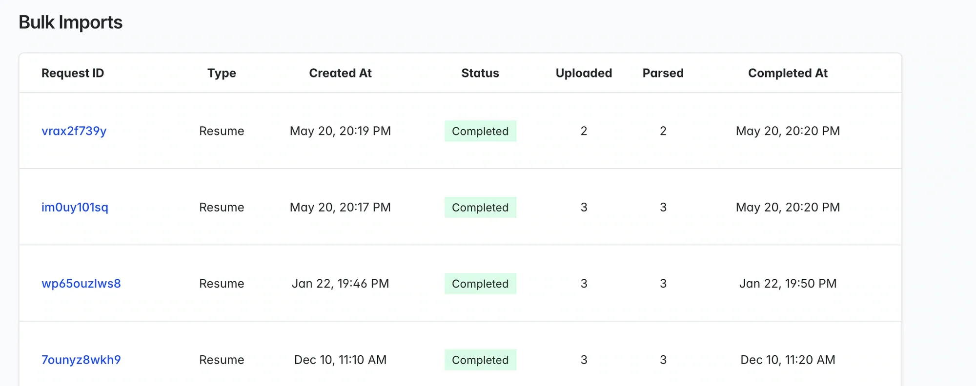 Longlist bulk imports screen showing completed resume imports and the number of CVs parsed