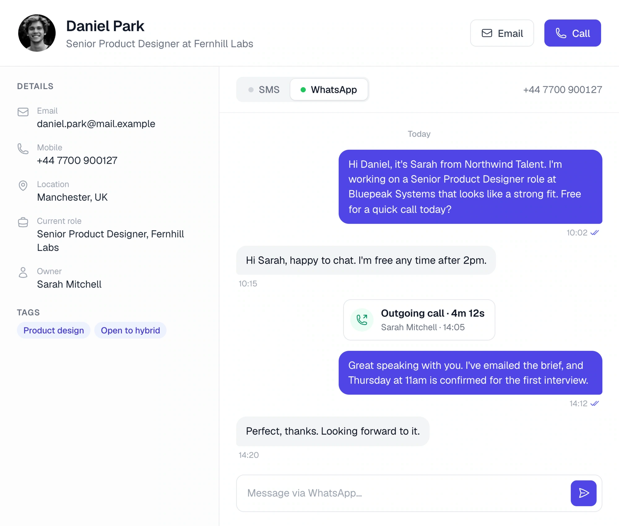A candidate conversation with messages and call history together.