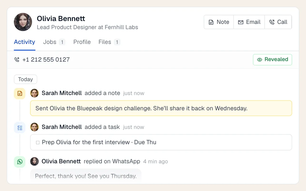 The history is the advantage. Read the last conversation before you pick up the phone. Candidate activity timeline in Longlist with emails, calls and stage changes on one record