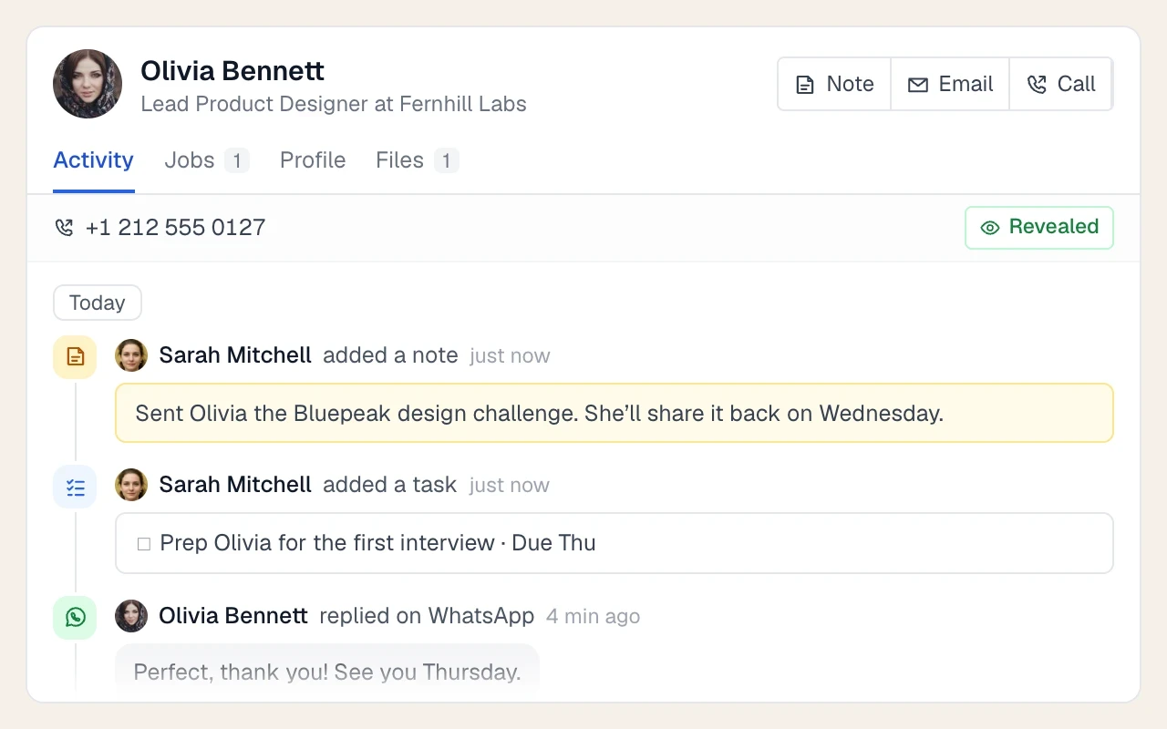 Emails, calls, WhatsApp messages, stage moves and tasks on one candidate timeline.