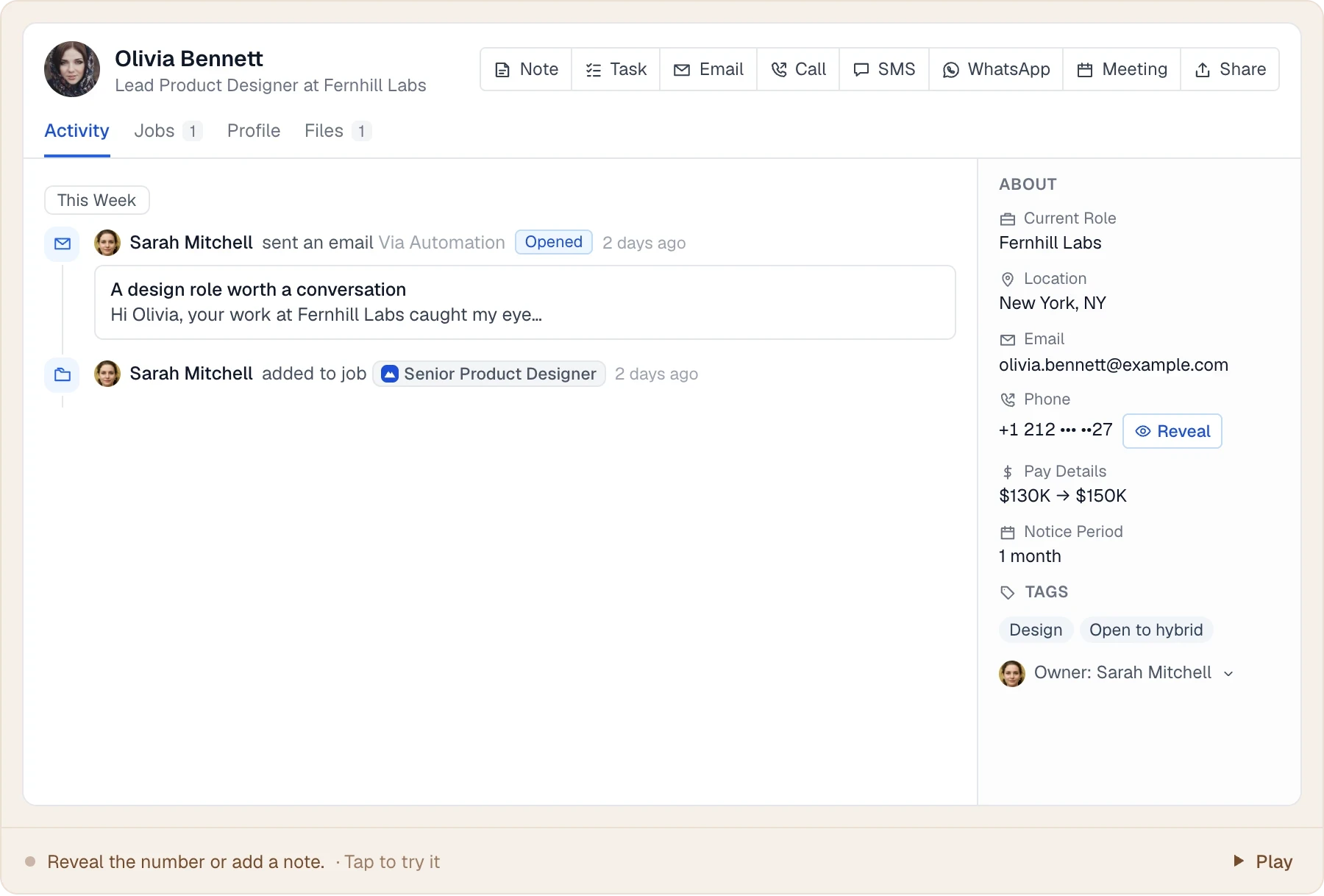 Emails, calls, WhatsApp messages, stage moves and tasks on one candidate timeline.