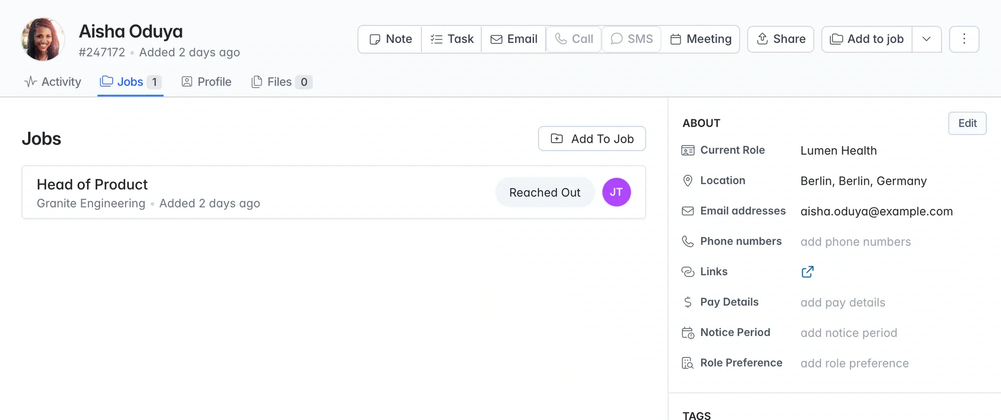 The CRM view of a candidate: every assignment they've been part of, so the runner-up from last month is easy to find. A Longlist candidate record listing the jobs the candidate is linked to and their current stage on each
