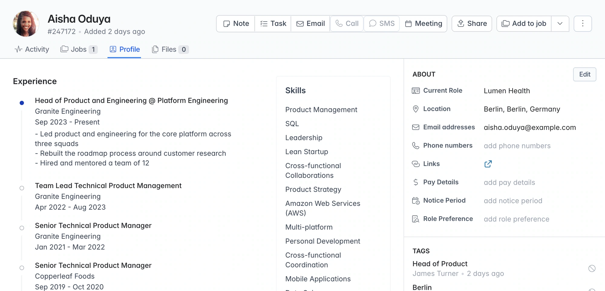 Work history, skills, and tags together on the candidate profile.