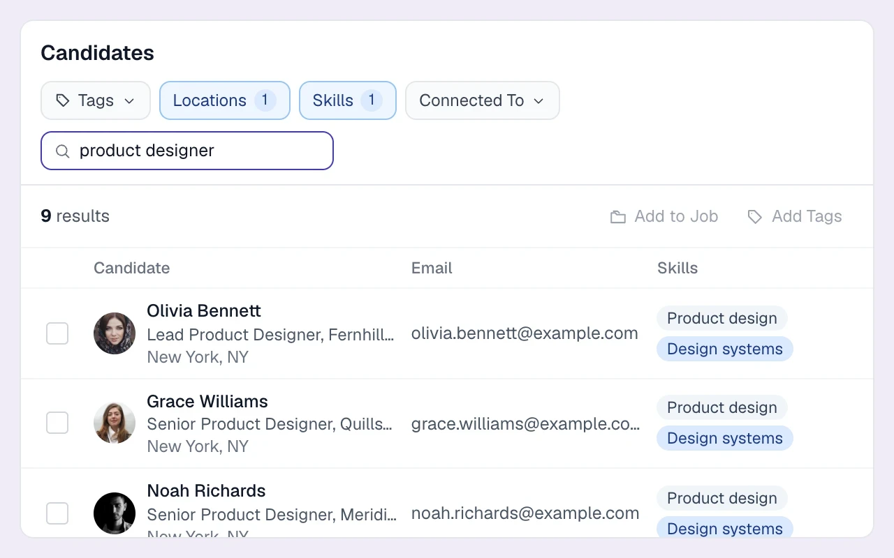 Keyword search with location radius and skills filters across the candidate database.