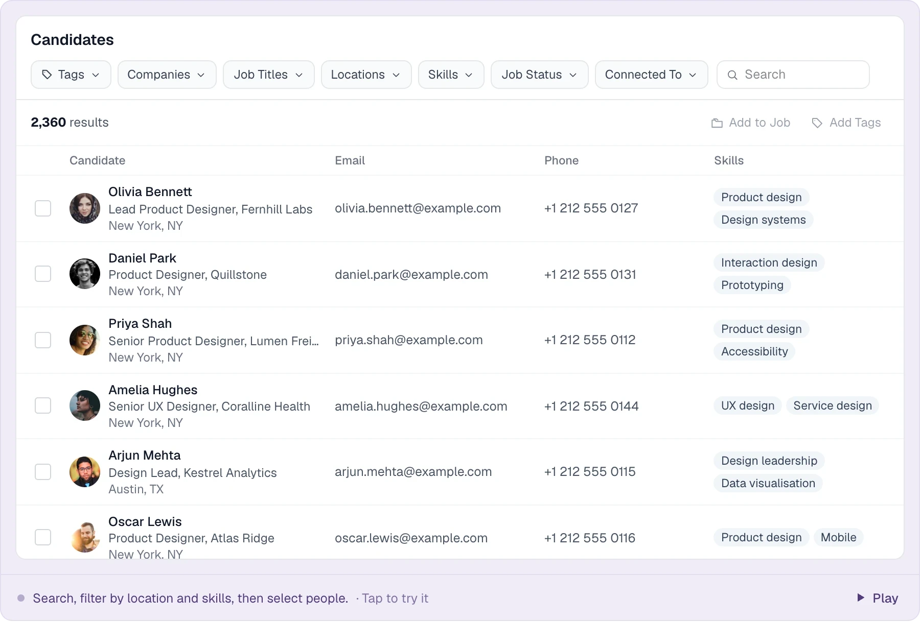 Keyword search with location radius and skills filters across the candidate database.