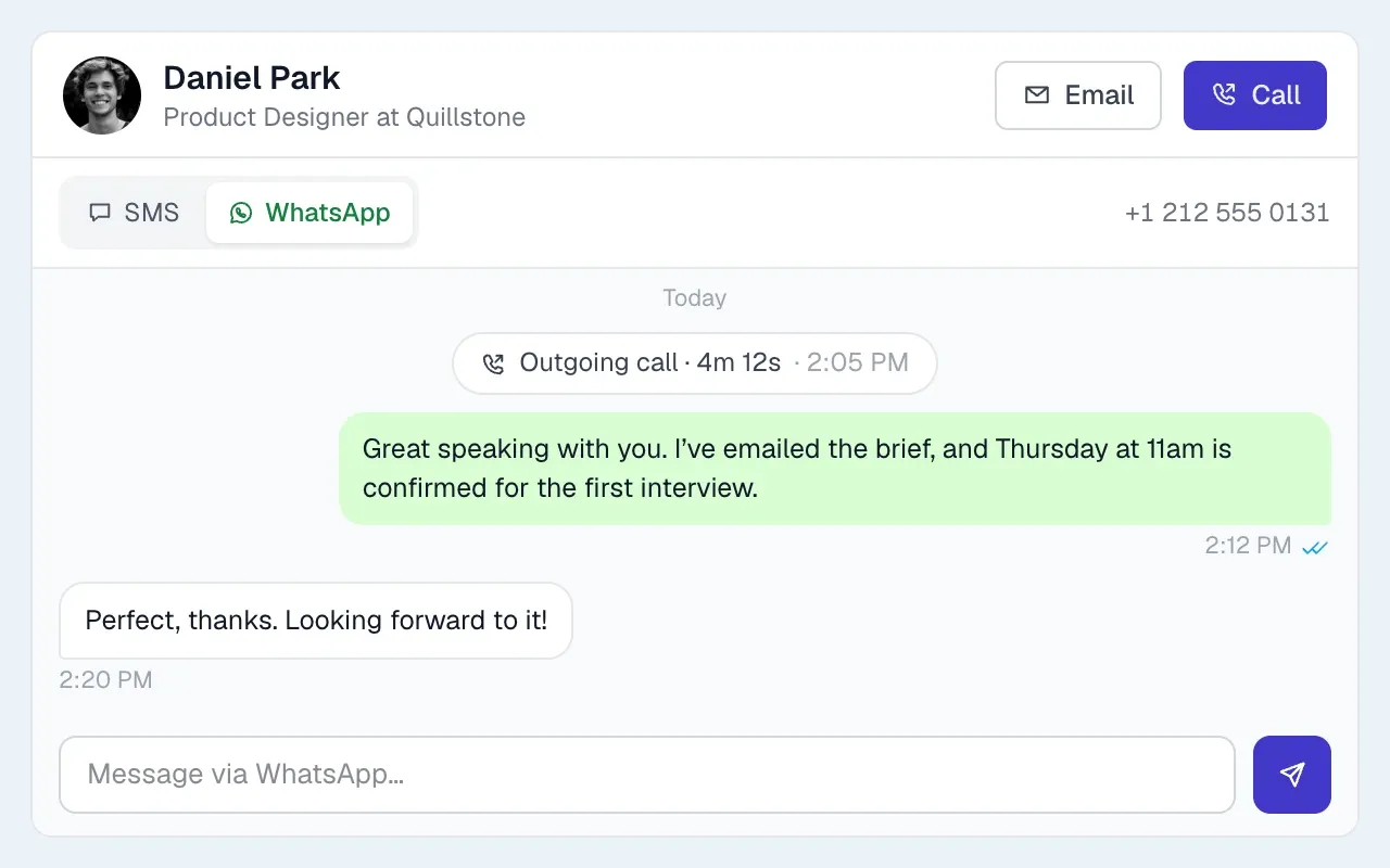 Longlist candidate record with SMS, WhatsApp and call history, confirming an interview time