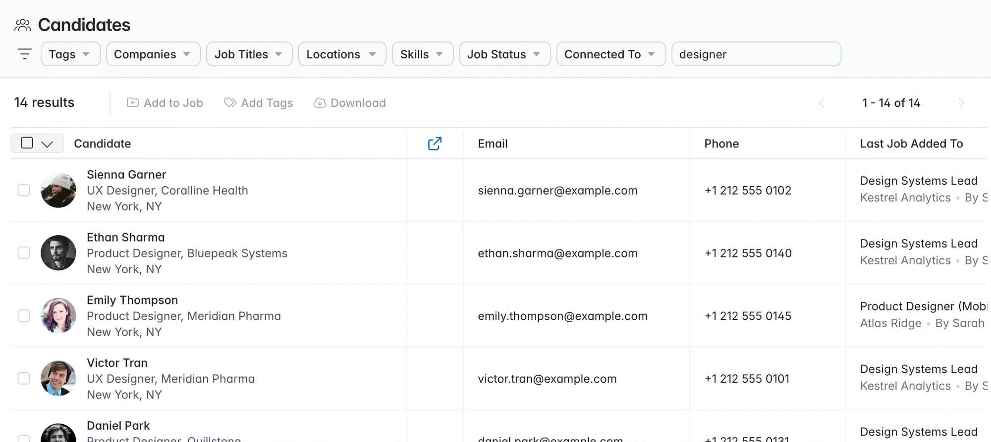 A searchable candidate database with contact details close at hand.