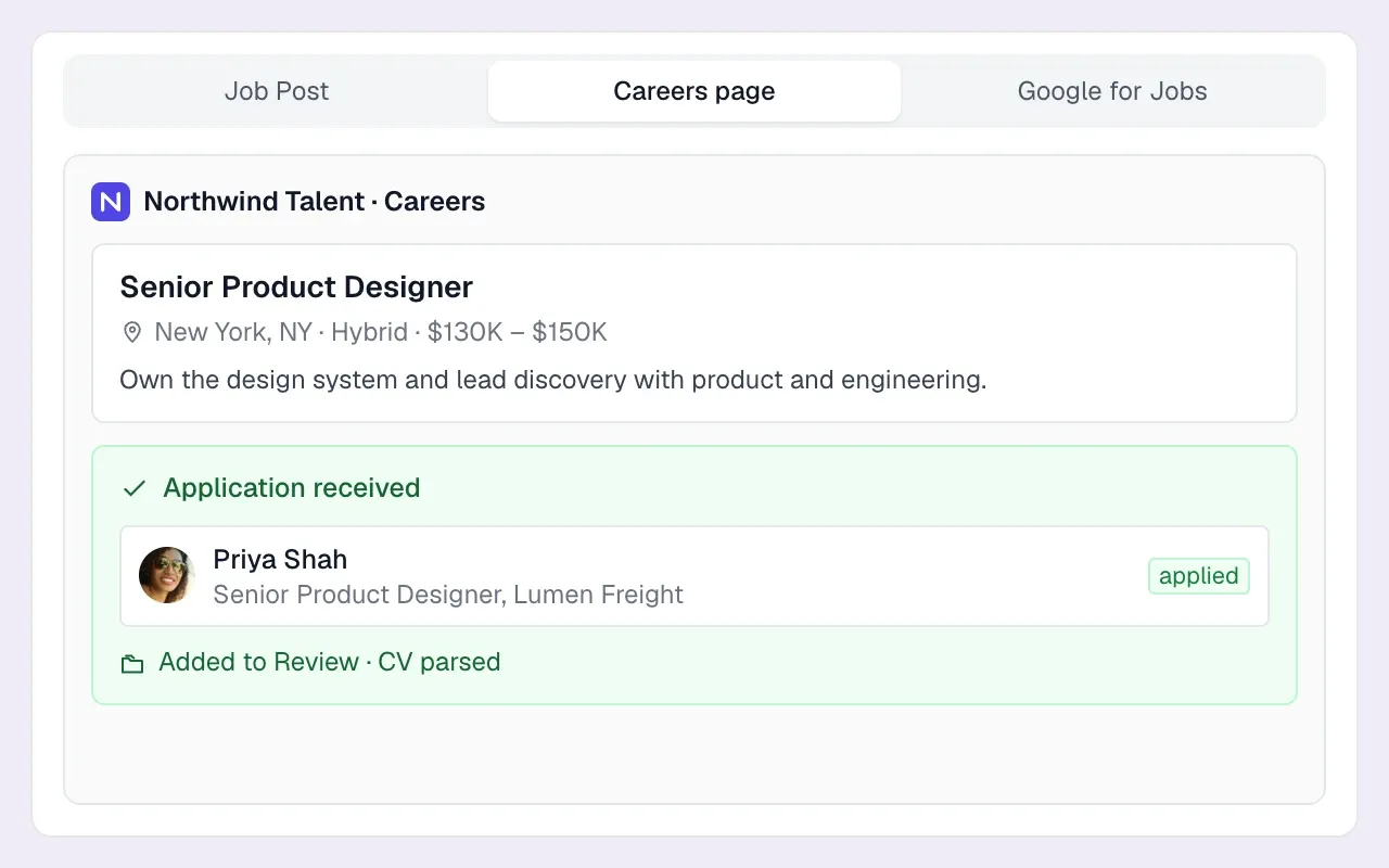 A branded agency careers page with a job listing and an application that lands in Review with a parsed CV