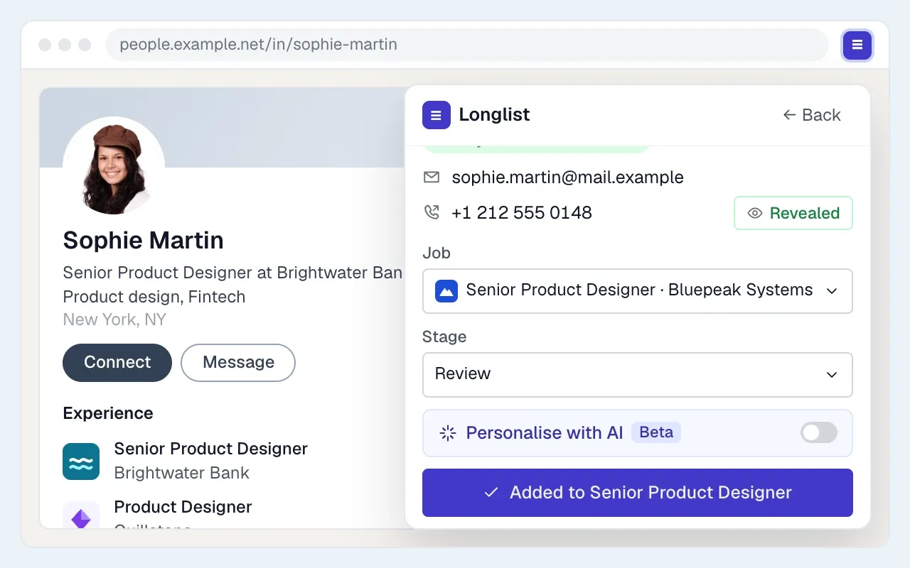 Longlist Chrome extension on a profile page revealing a mobile number and saving the person as a new candidate