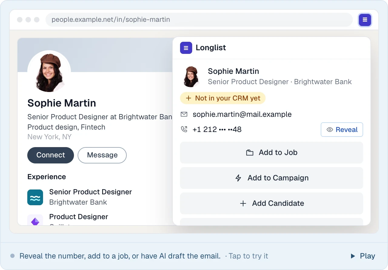 Save someone new as a candidate from their profile, reveal their number and add them to a job.