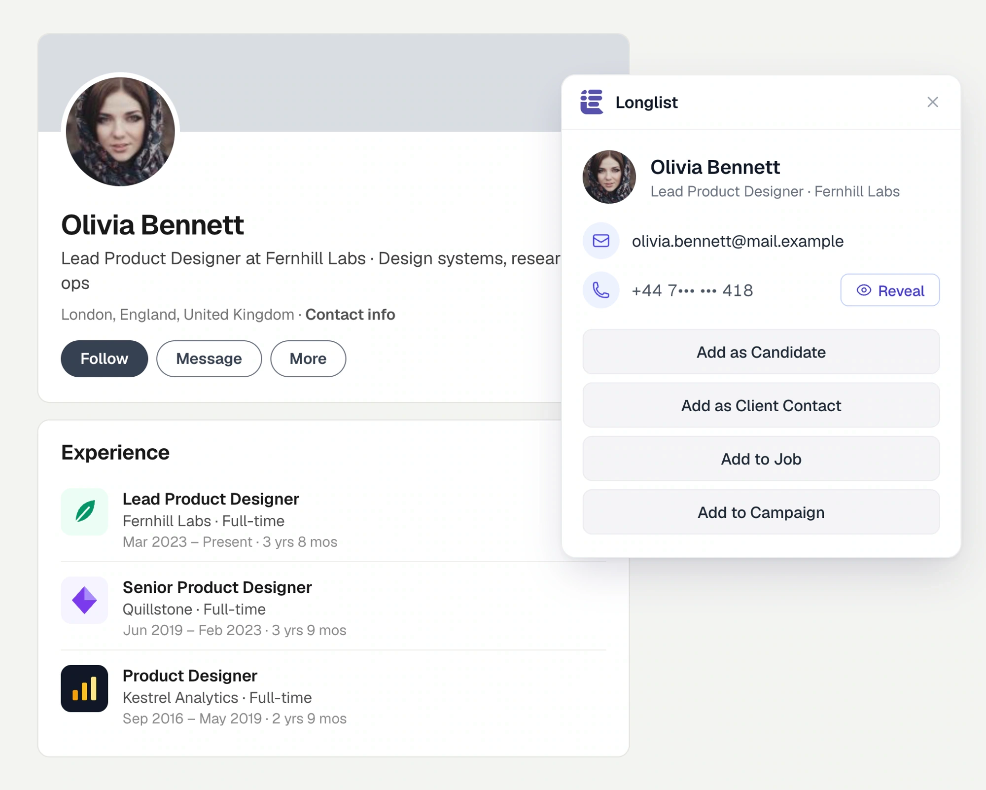 Check an existing CRM record and reveal available contact details.