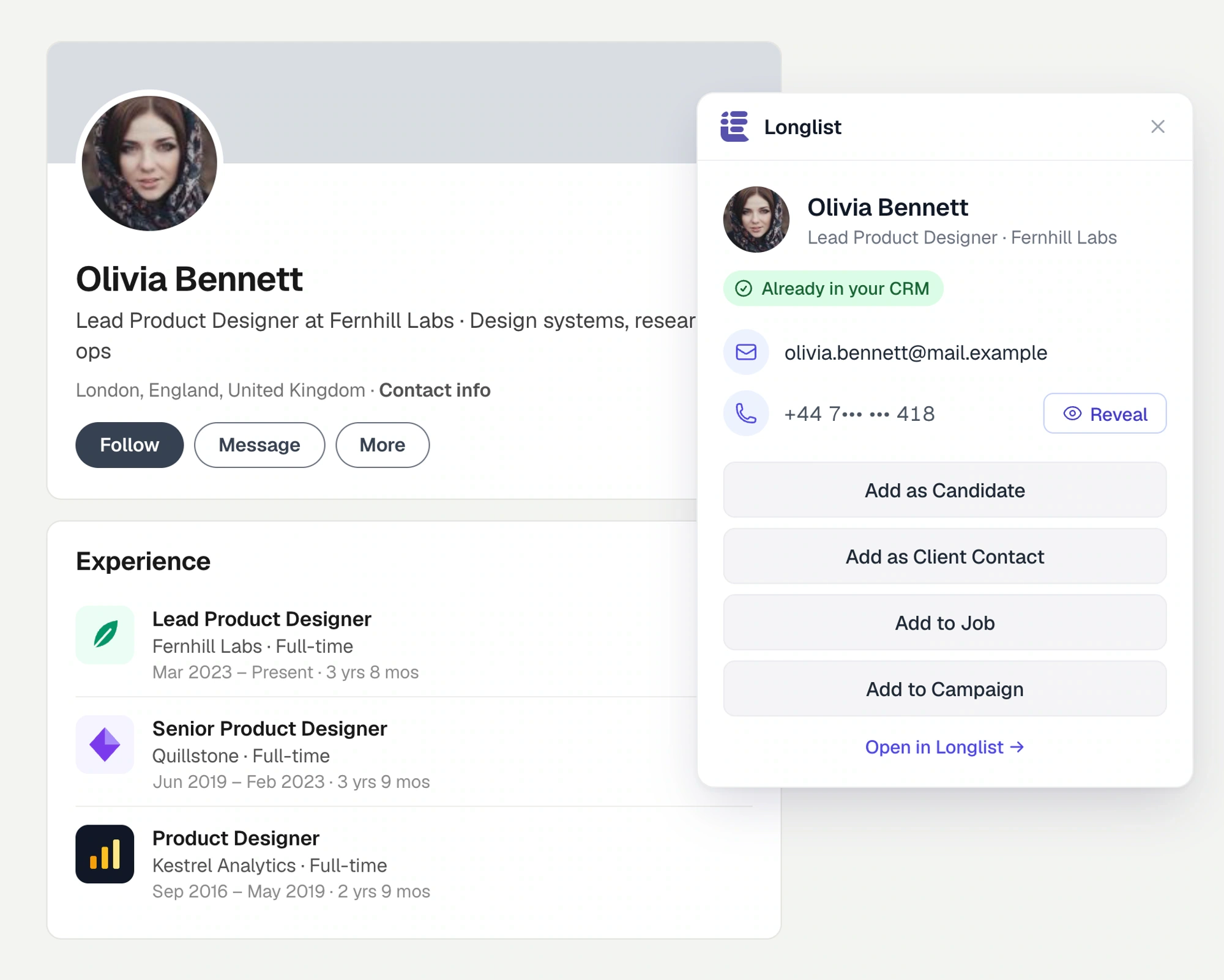 Capture a supported profile and connect it to your recruiting workflow.