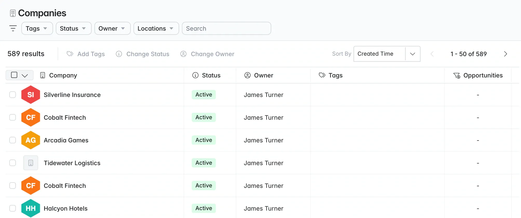 Client companies with status (Active, Past Client, Prospect) are the starting point for business development. Longlist client companies list with relationship status for each company