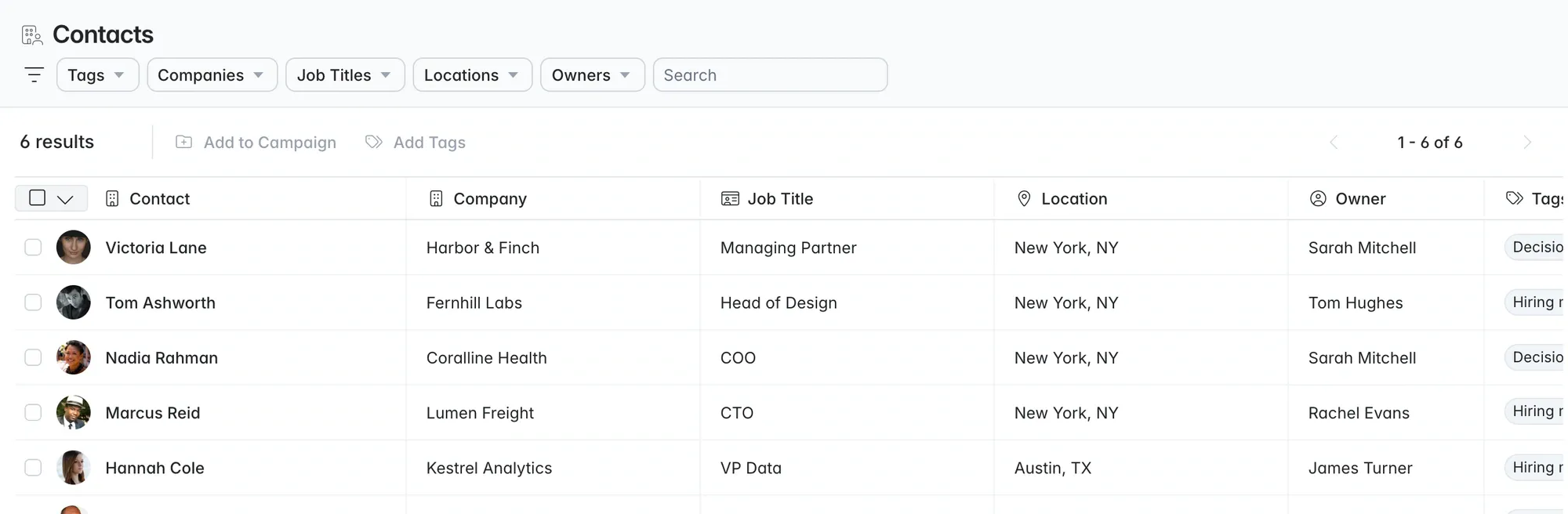 Client contacts list showing hiring contacts with their companies and roles
