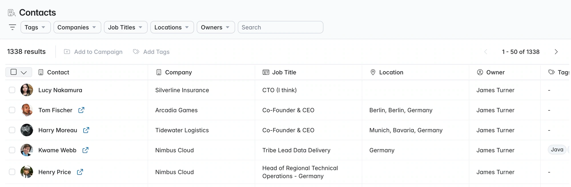 Hiring contacts, their companies, and their roles.