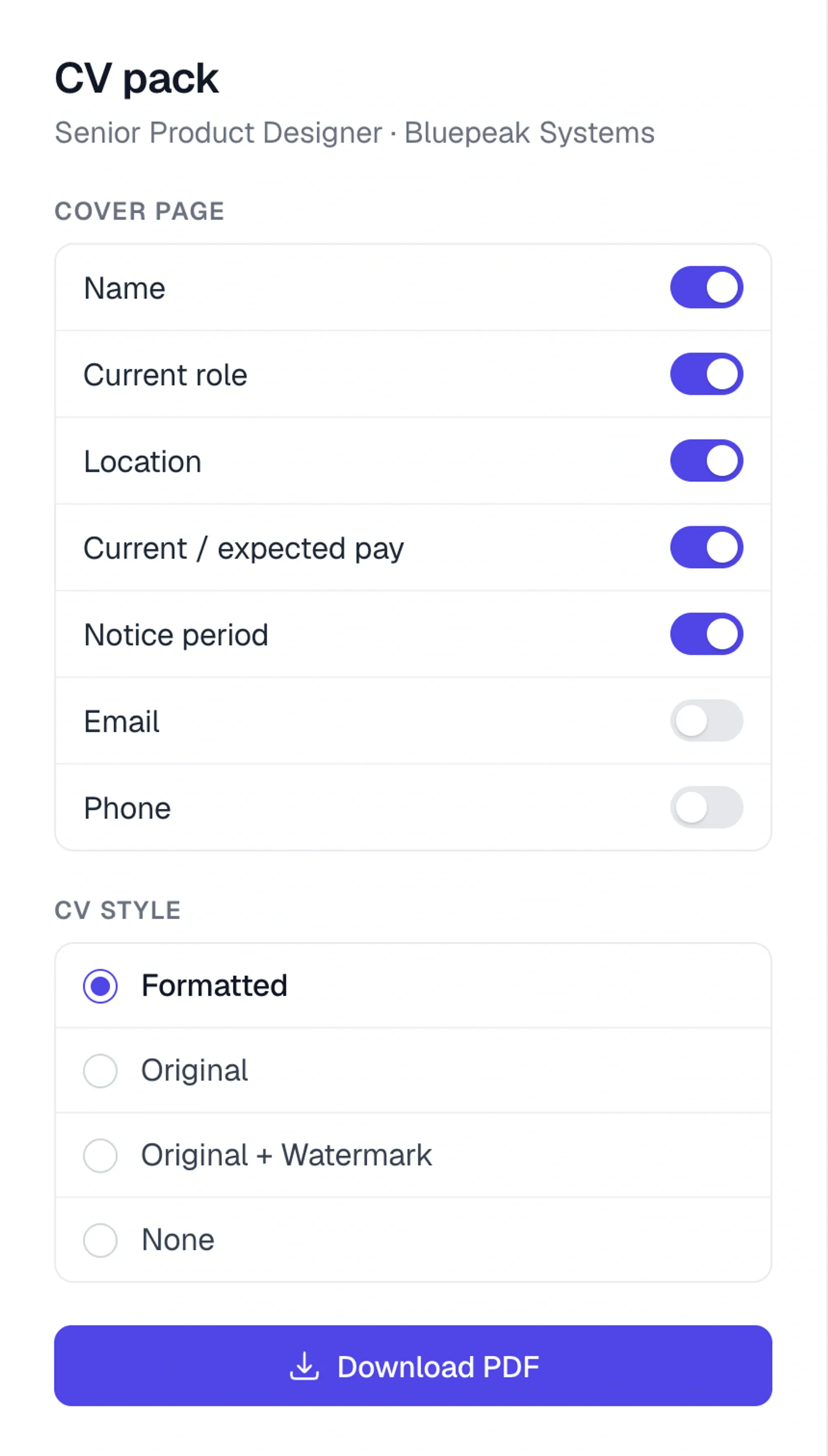 Cover-page options in Longlist with toggles for the fields shown and the CV format