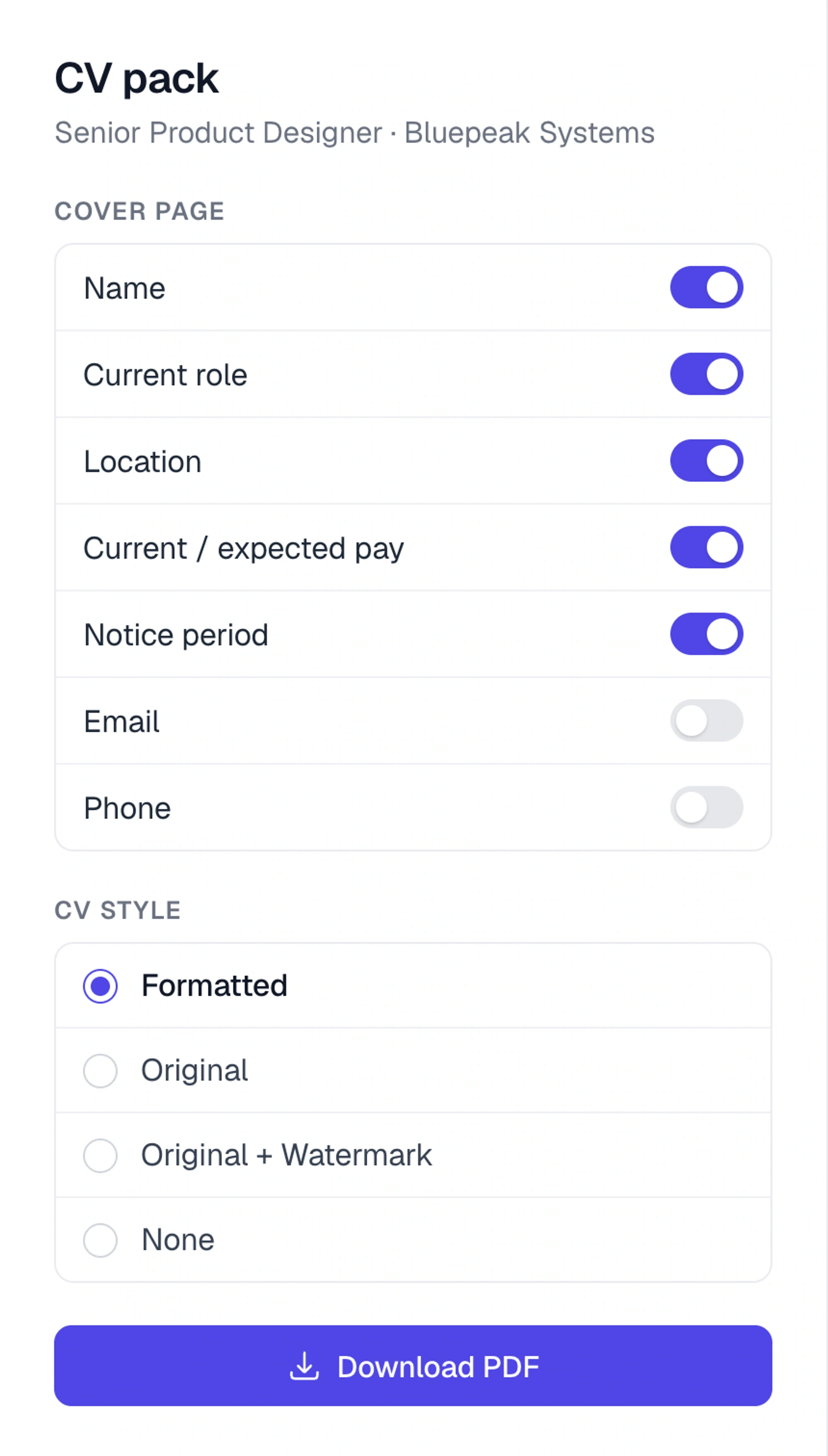 Control cover-page fields and choose how to present the CV.