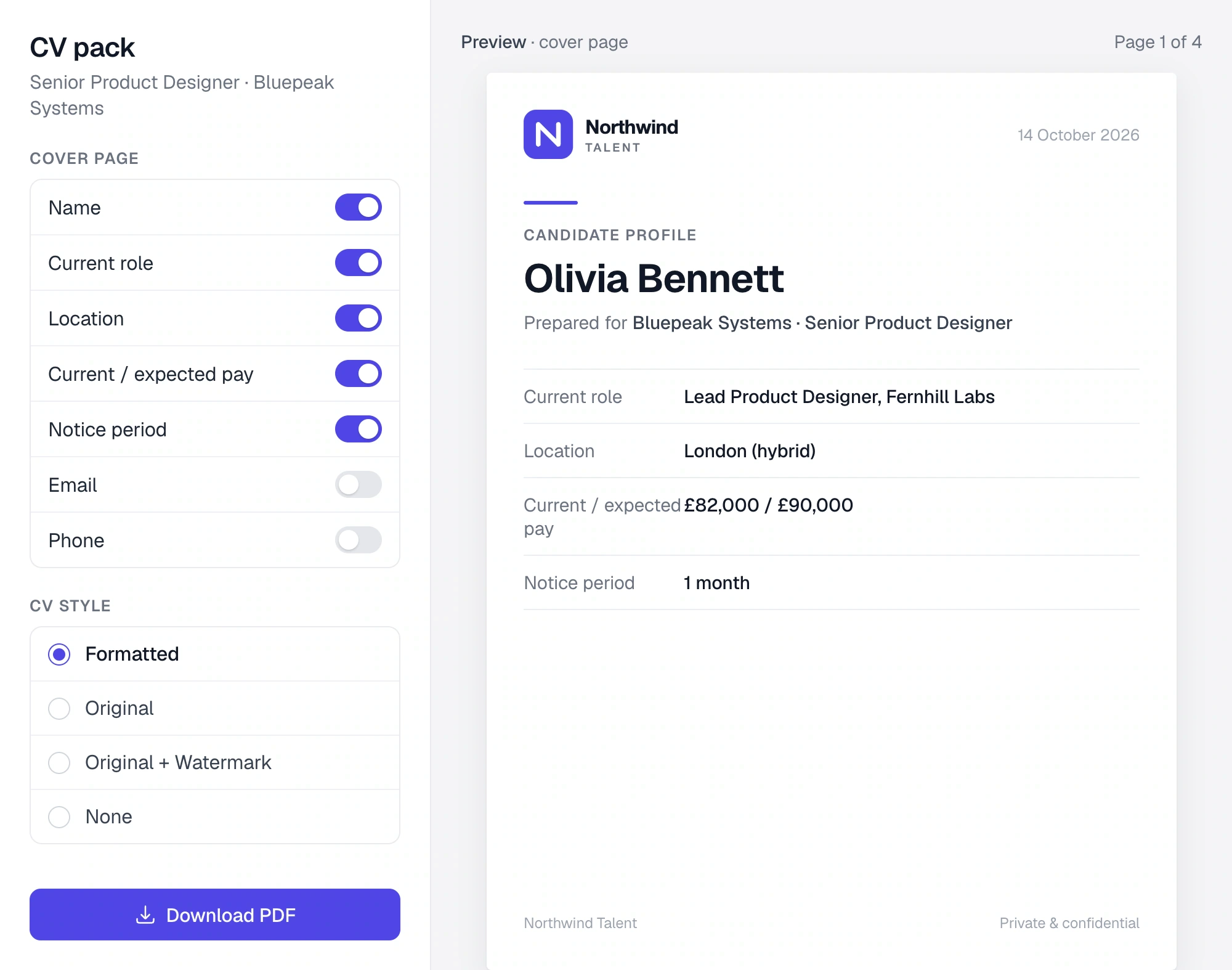 Choose cover-page details and preview a branded candidate pack.