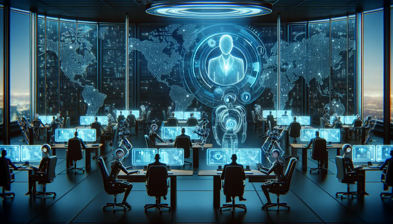Illustration of recruiters and AI assistants searching a global network for an executive