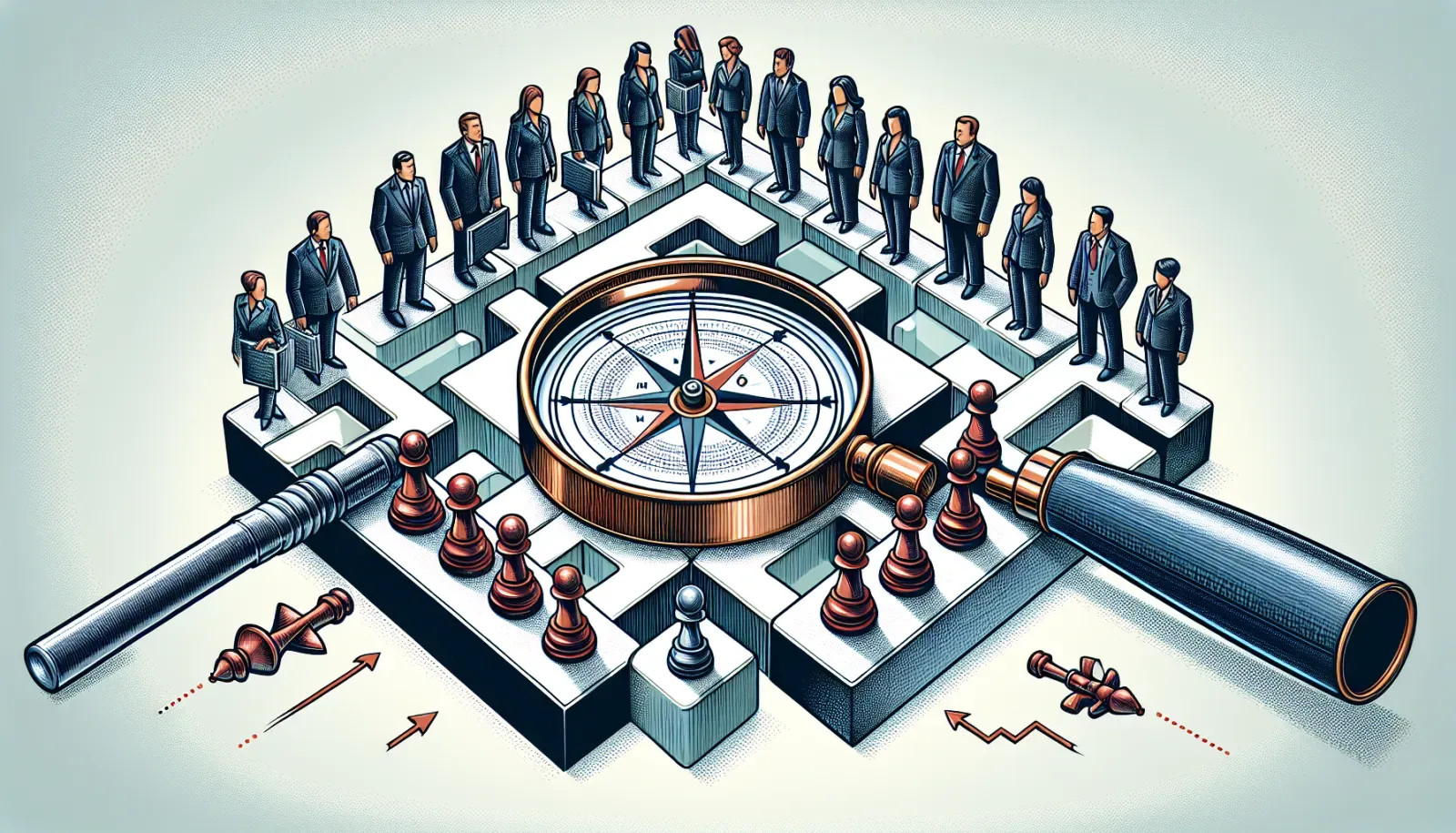 Illustration of executives around a compass and magnifying glass, representing executive search firms