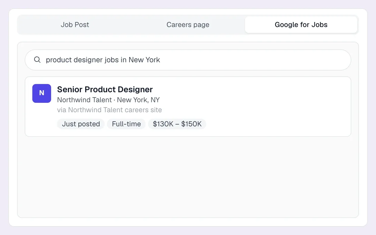 Google for Jobs costs nothing. Make sure your careers page qualifies before paying for reach. An indexed job as it could appear in Google’s job search results