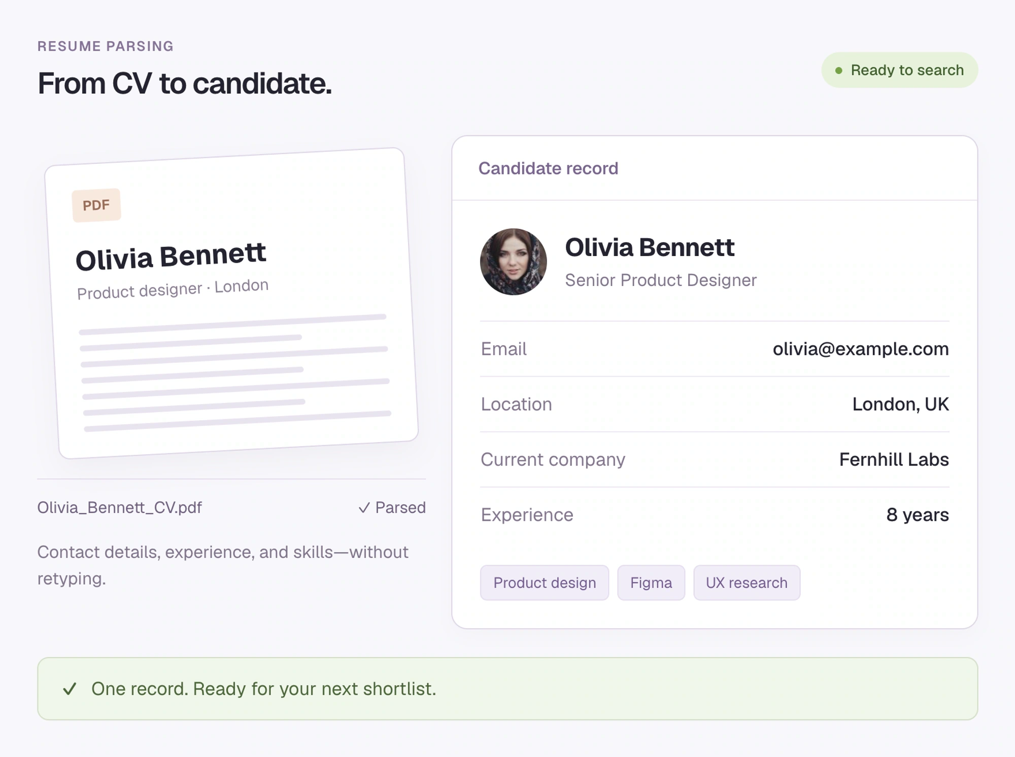 From an uploaded CV to a structured, searchable candidate record.