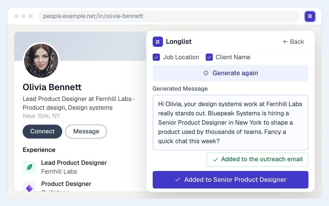 The browser extension: reveal a number, add the person to a job and draft outreach with AI.