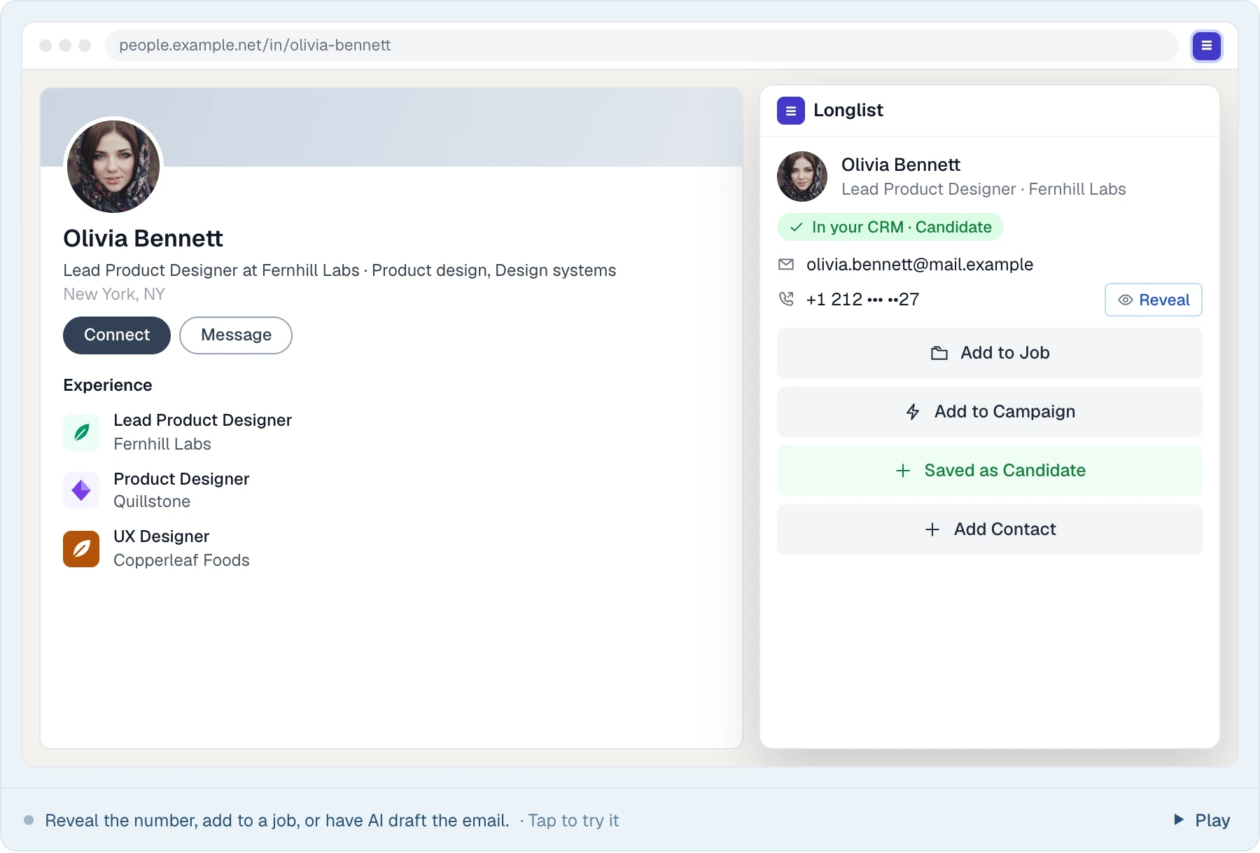 The browser extension: reveal a number, add the person to a job and draft outreach with AI.