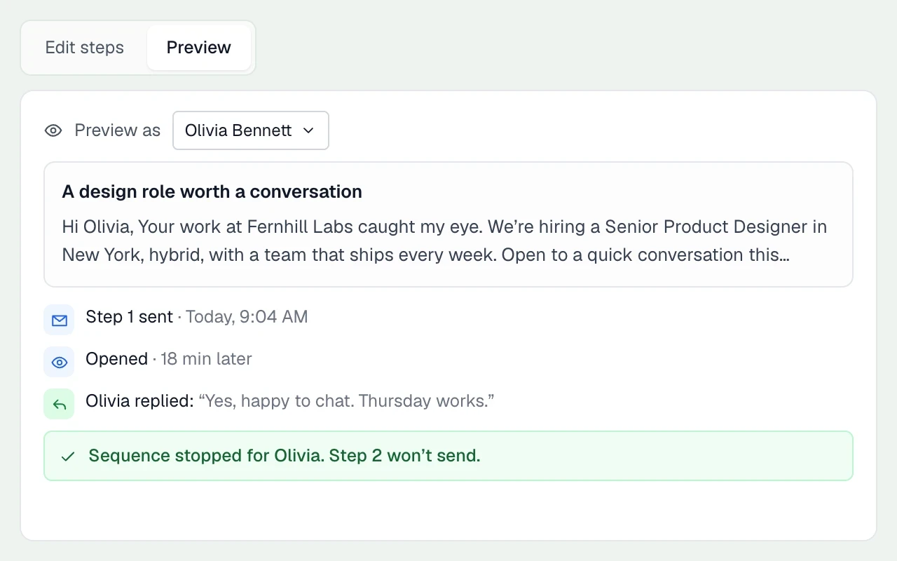 A personalised email sequence that sends in working hours and stops when someone replies.