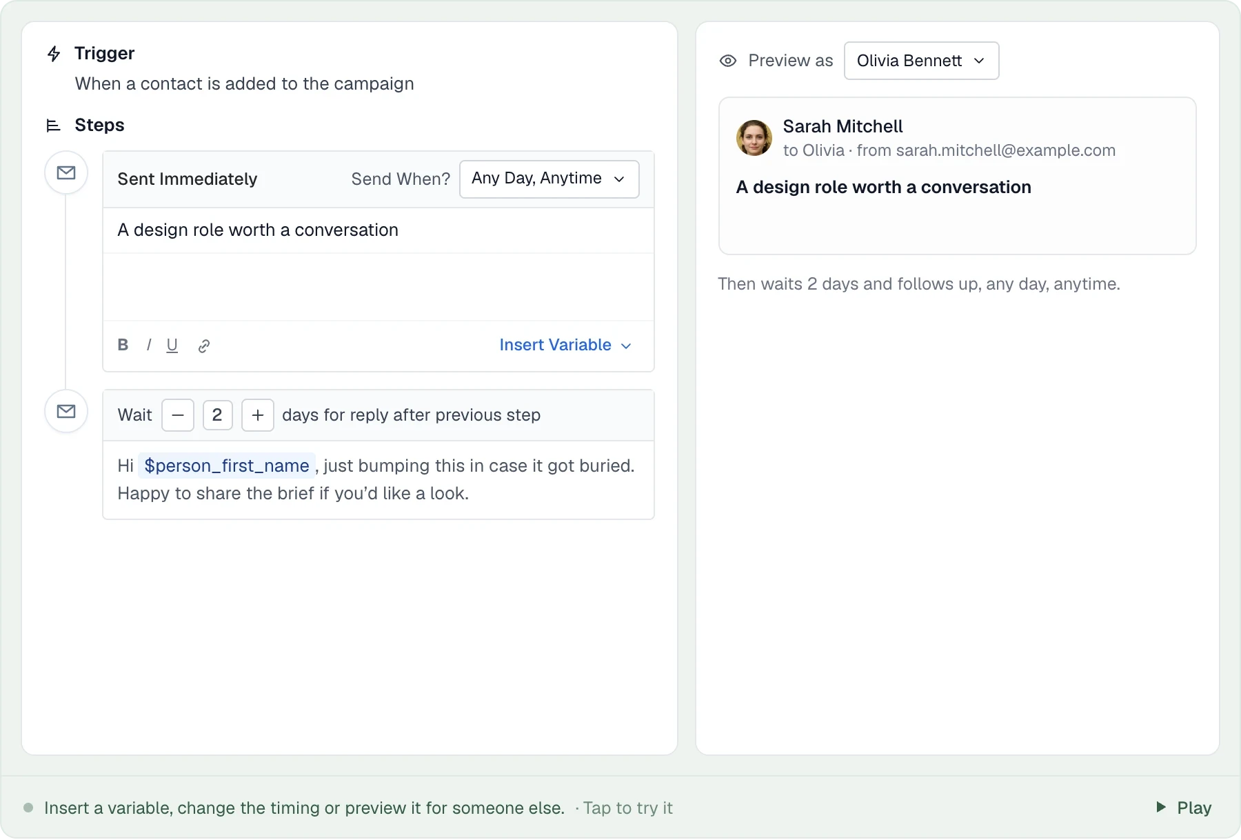 A personalised email sequence that sends in working hours and stops when someone replies.