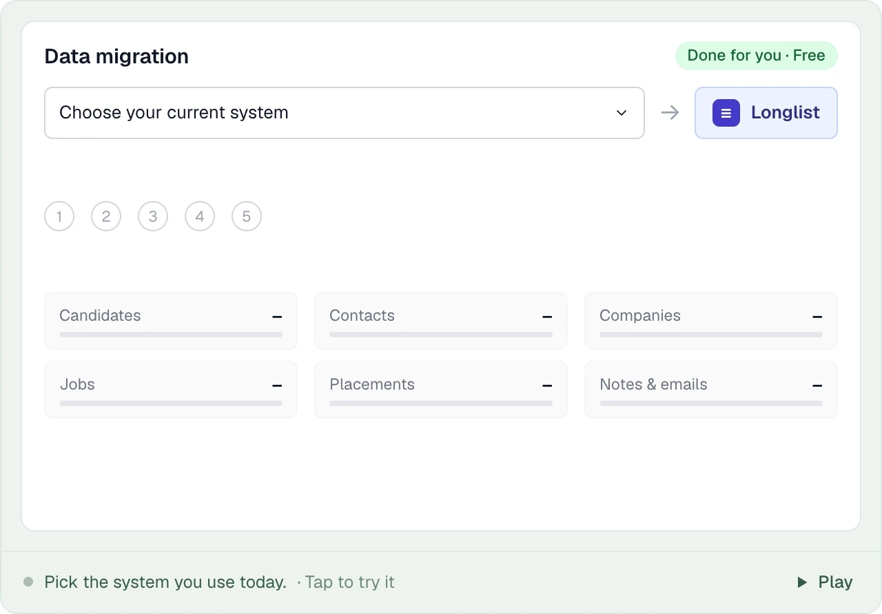 Illustration: the Longlist team imports candidates, contacts, companies, jobs, placements, notes and files from your current system.
