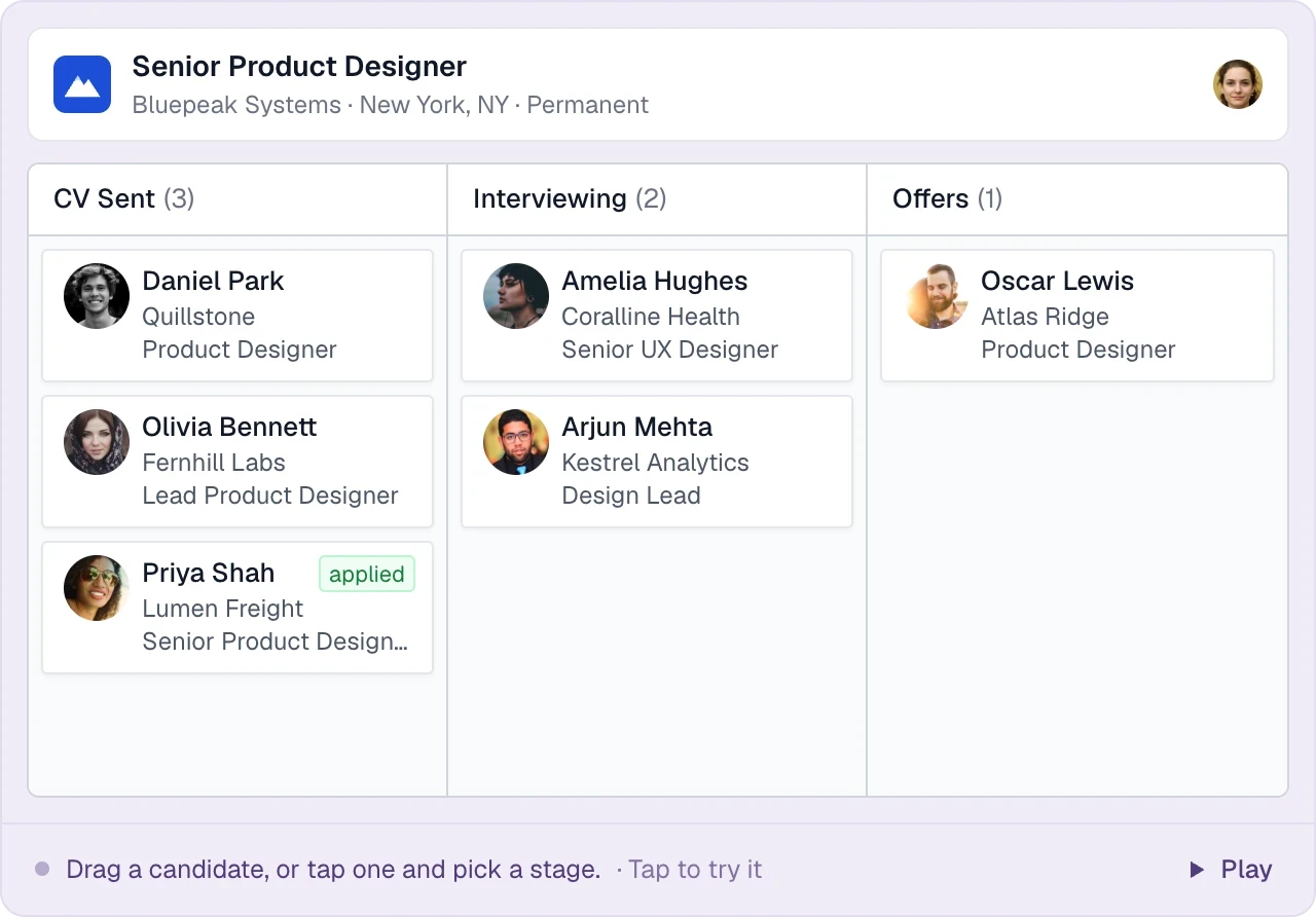 Candidates move through the job’s stages; a move to Offers asks for the placement details.