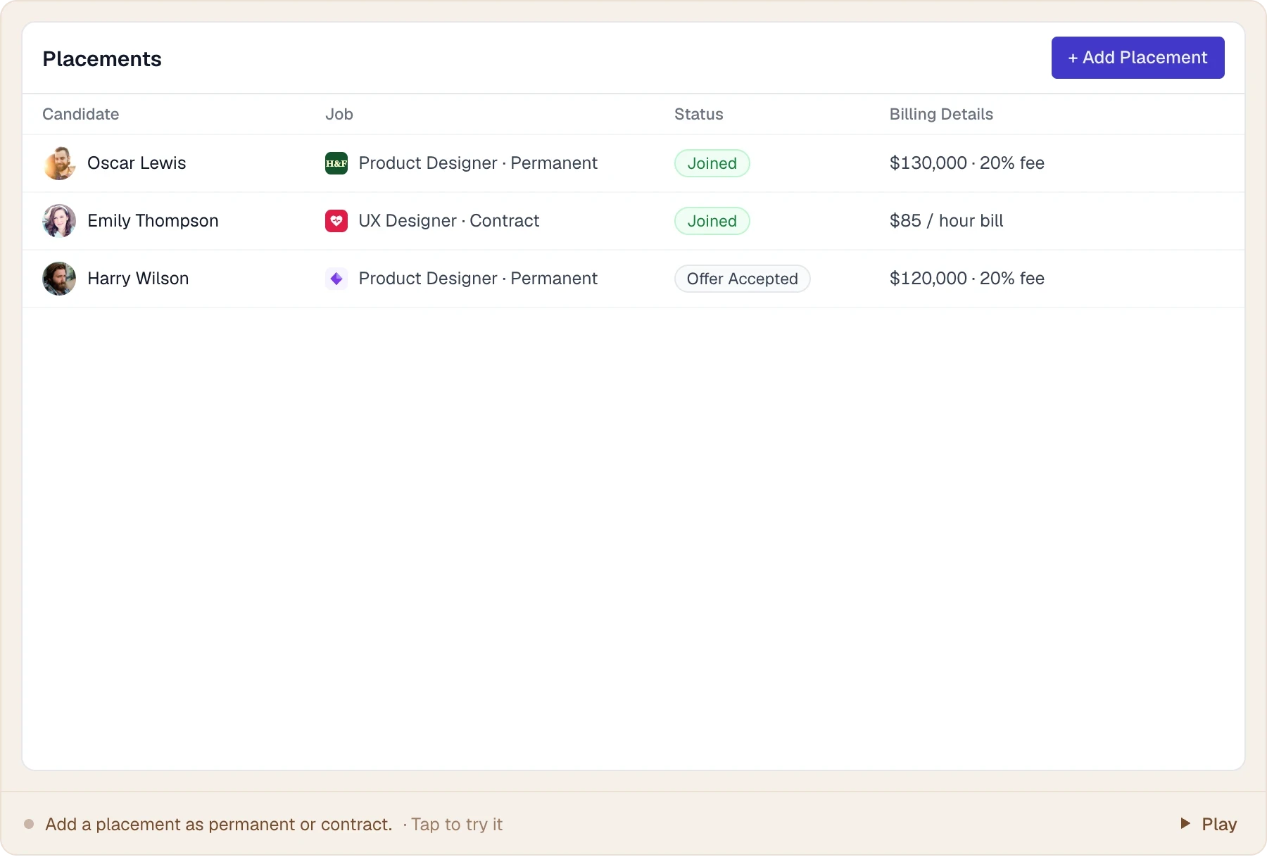 A permanent placement recorded with salary and fee, then marked Joined.