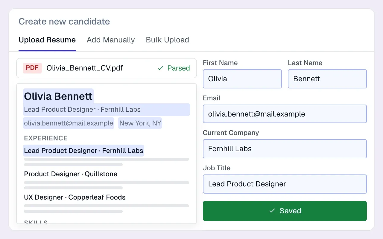 Illustration of an uploaded CV being parsed into a structured, searchable candidate record