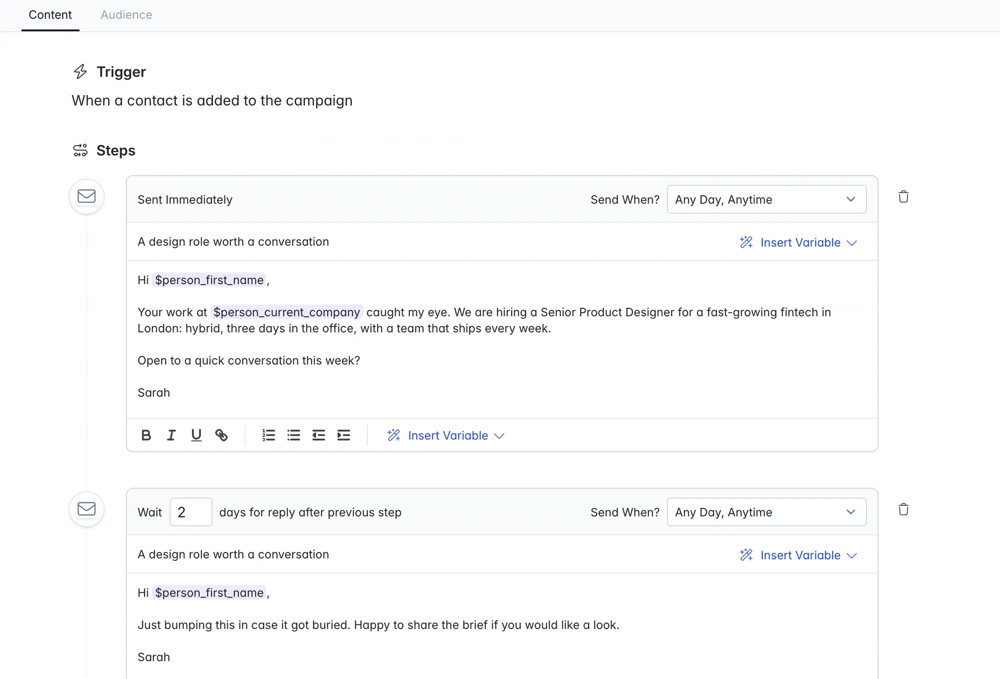A sequence editor showing a first email with personalization variables and a follow-up that waits two days for a reply