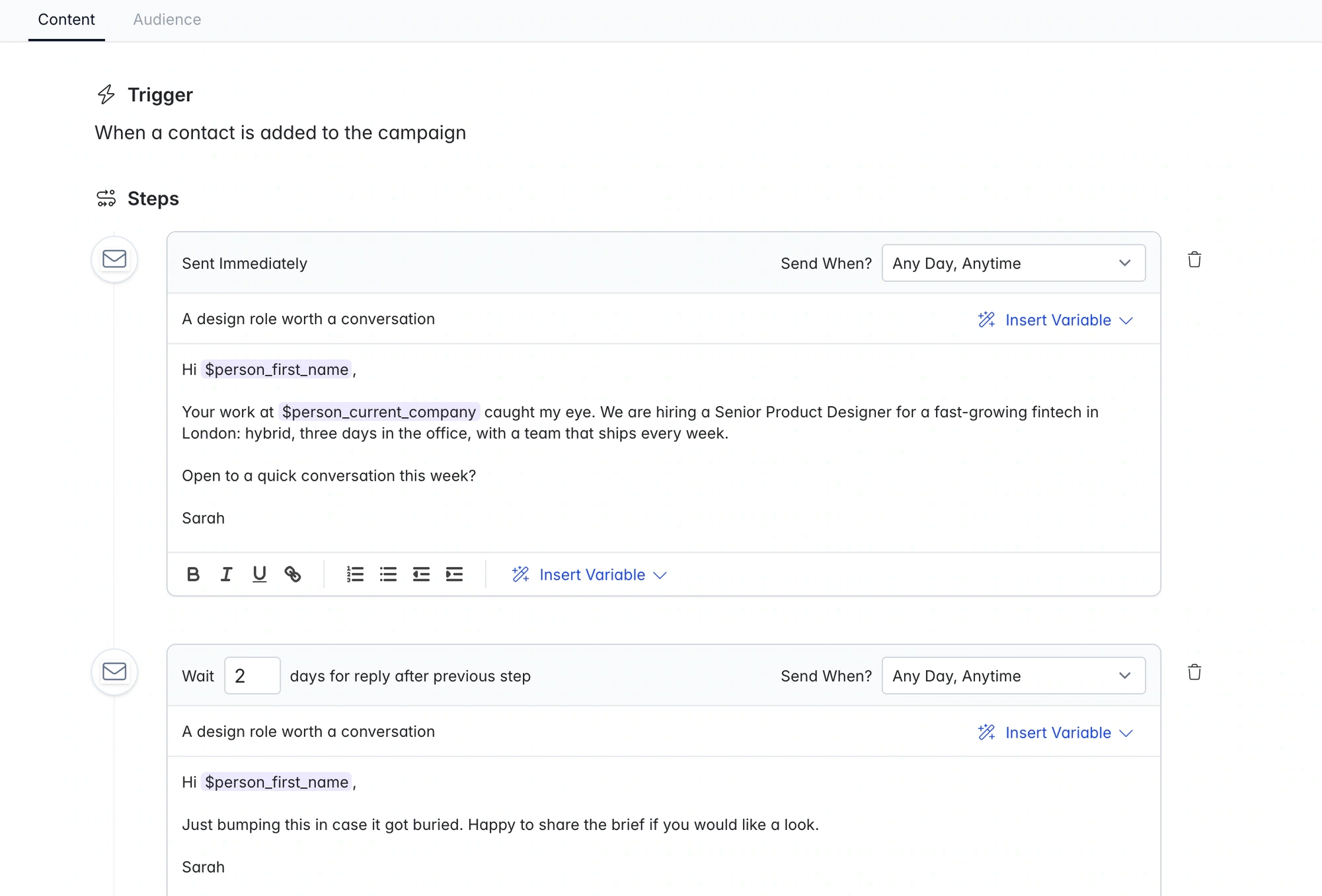 Personalised emails and follow-up delays in the sequence editor.