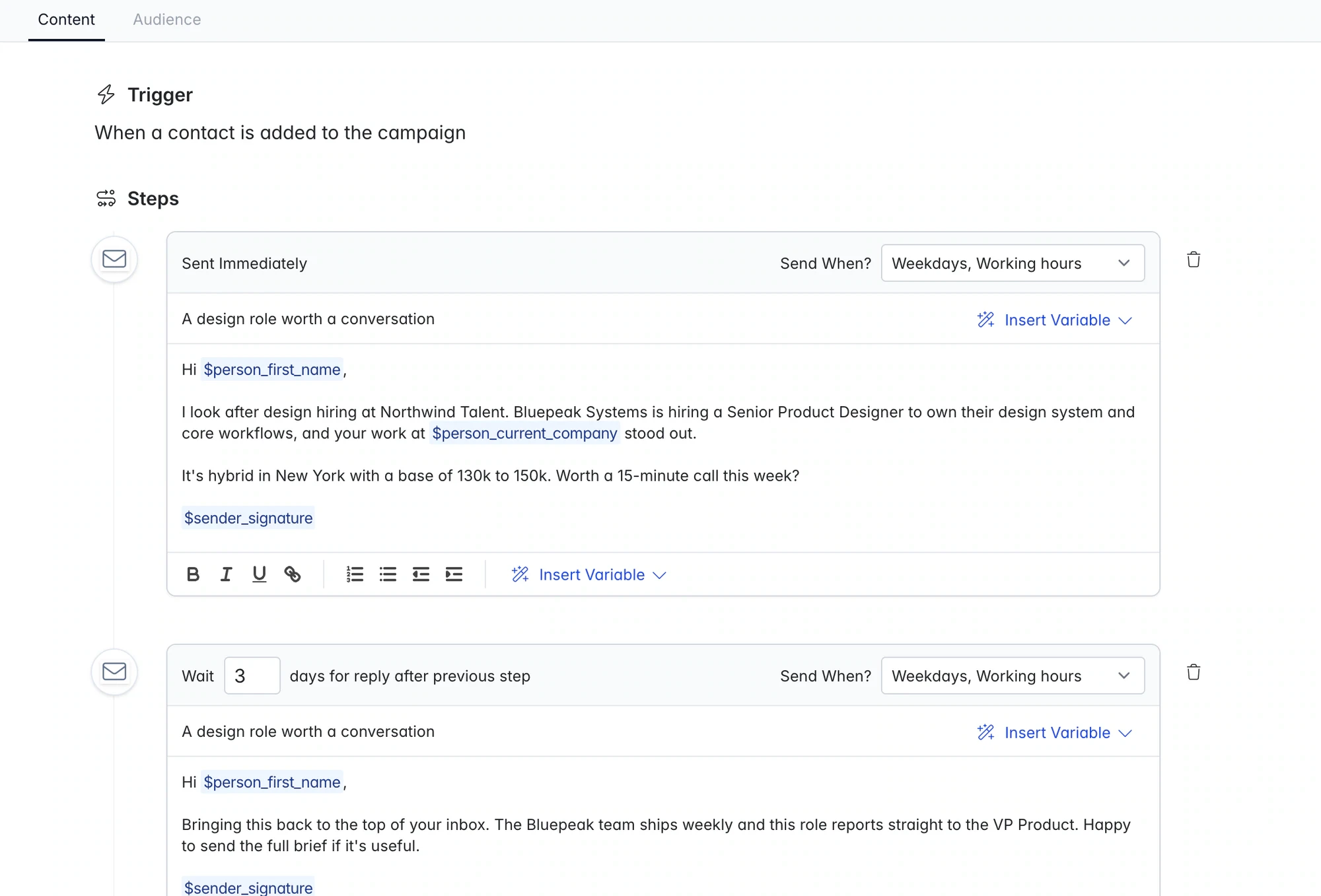 Email steps, follow-up waits and merge fields in a campaign’s content editor.