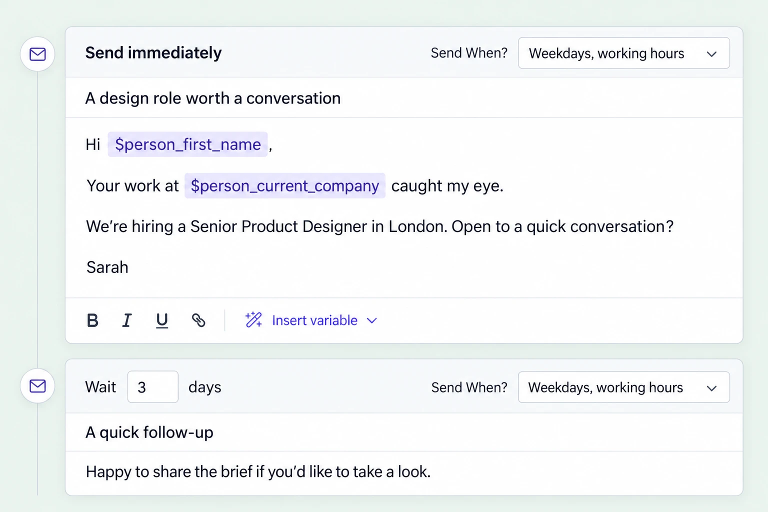Email sequence illustration showing personalized messages and a follow-up after three days