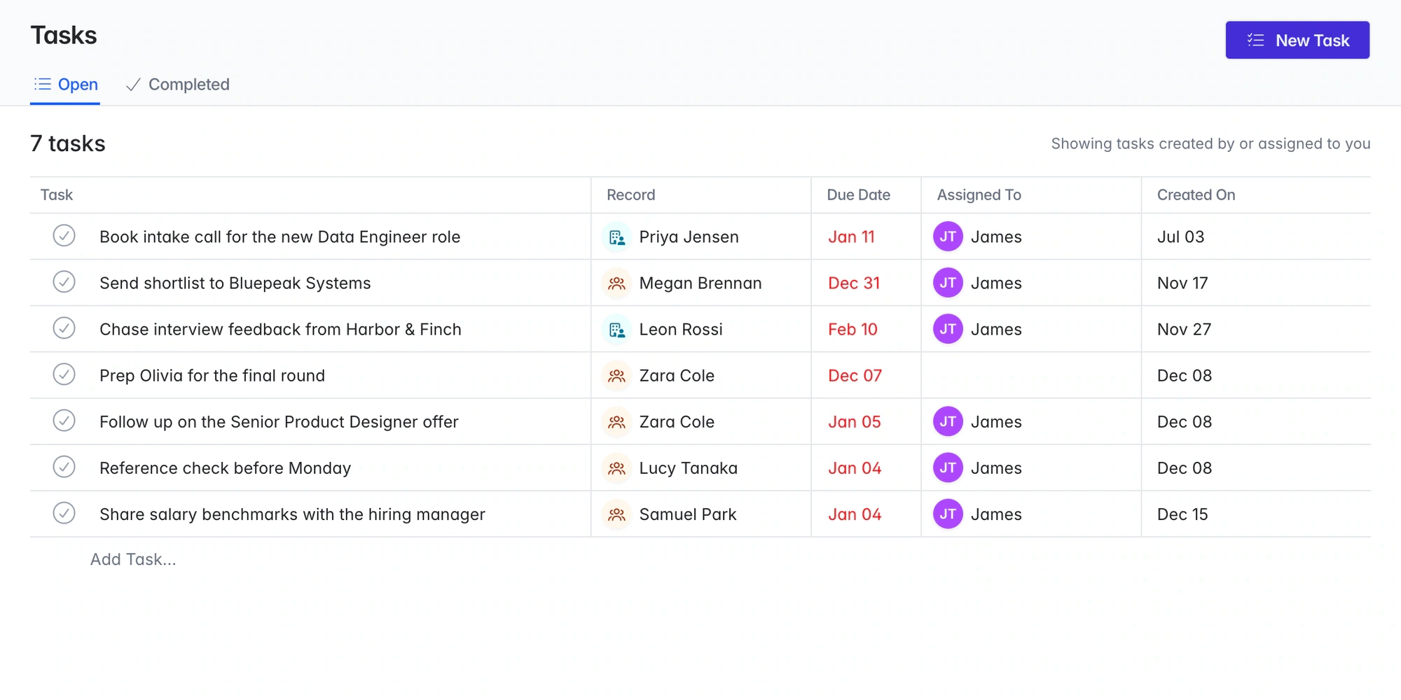A shared task list with owners, due dates, and linked records.